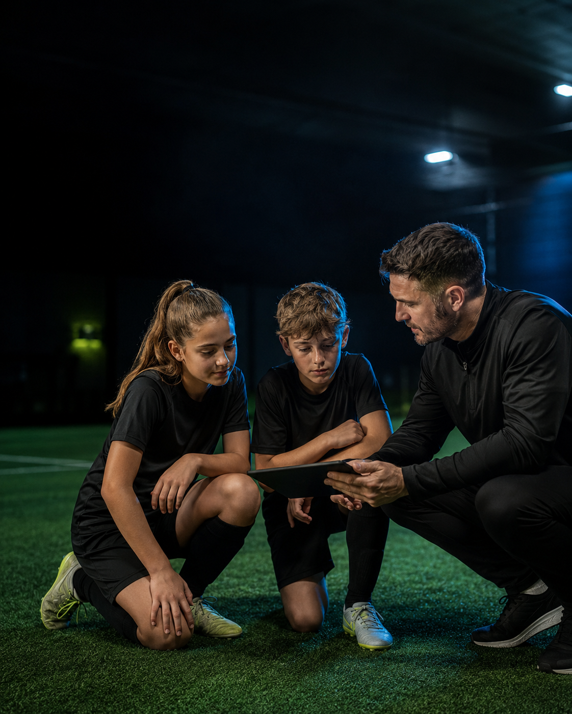 A coach sharing individual feedback with a boy and girl